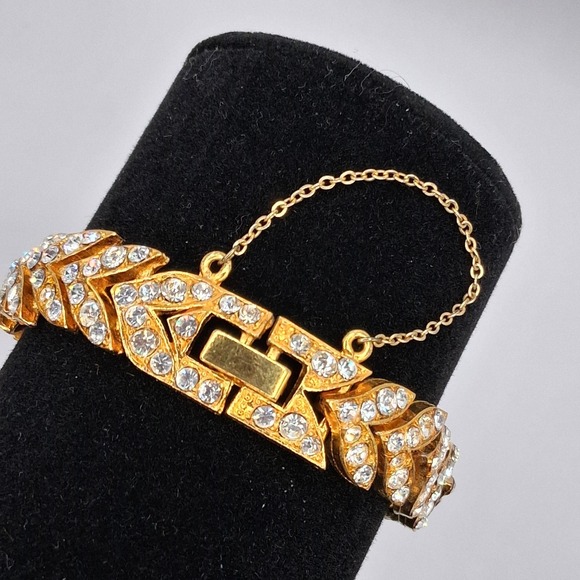 Vintage Rhinestone Leaf Bracelet Gold Tone Chevron Link Safety Chain Mid Century - Picture 5 of 11